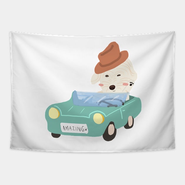 Maltipoo Dog Driving Retro Car Illustration Tapestry by PatternbyNOK