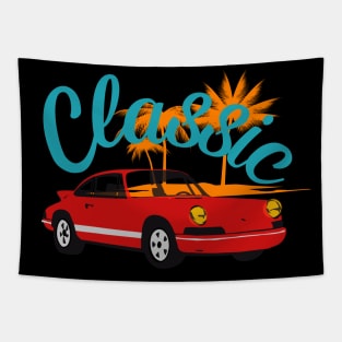 CLASSIC RED SPORT CAR PALM TREES AND SUN Tapestry