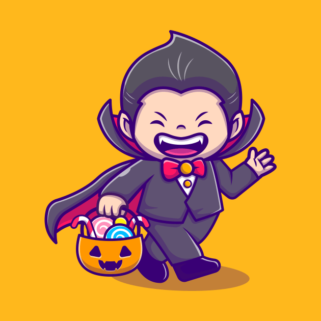 Cute Dracula Holding Pumpkin Basket With Candy Cartoon by Catalyst Labs