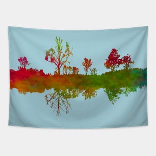 Silhouette Art Lake Shoreline Abstract Red and Green Colours Tapestry