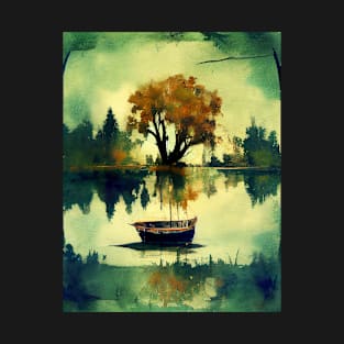 Boat on a lake watercolor art T-Shirt