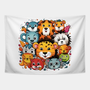 Colorful Gathering of Cute Cartoon Jungle Animals Tapestry