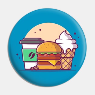 Burger with Cup of Coffee and Ice Cream Cartoon Vector Icon Illustration Pin