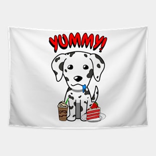 Cute dalmatian dog is having coffee and cake Tapestry