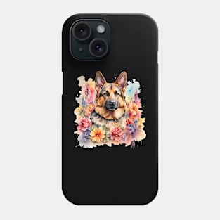 A german shepherd decorated with beautiful watercolor flowers Phone Case