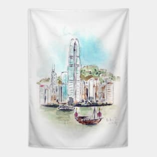 Hong Kong Victoria Harbor 2 ink and watercolour Tapestry