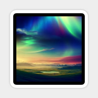A landscape with a rainbow or aurora borealis in the sky Magnet