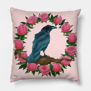 American Crow on Pink Roses Pillow