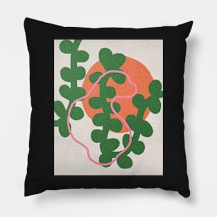 Pink line on green plant, Abstract art, Red sun Pillow