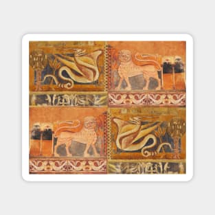 LION AND DRAGON Medieval Fresco in Yellow Orange Magnet