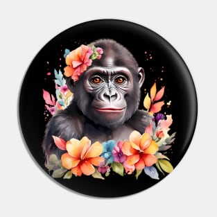 A gorilla decorated with beautiful watercolor flowers Pin