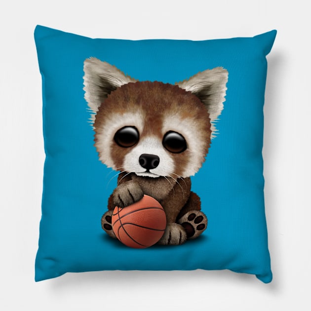 Cute Baby Red Panda Playing With Basketball Pillow by jeffbartels