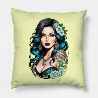 Bohemian tattooed hippie woman retro vintage floral design Pillow