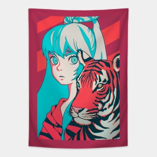 Girl And Tiger Tapestry