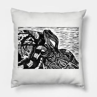 Turtle Buddies Pair Linocut (black/white) Pillow