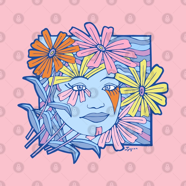 Wavy Square with woman's face and pastel colored daisies by Julia Moon