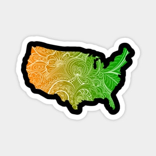 Colorful mandala art map of the United States of America in green and orange Magnet