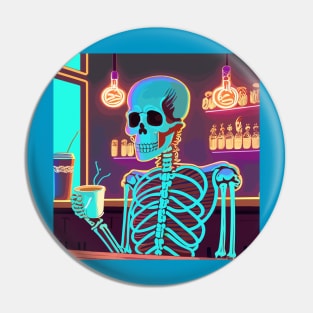 Neon skeleton drinking coffee Pin