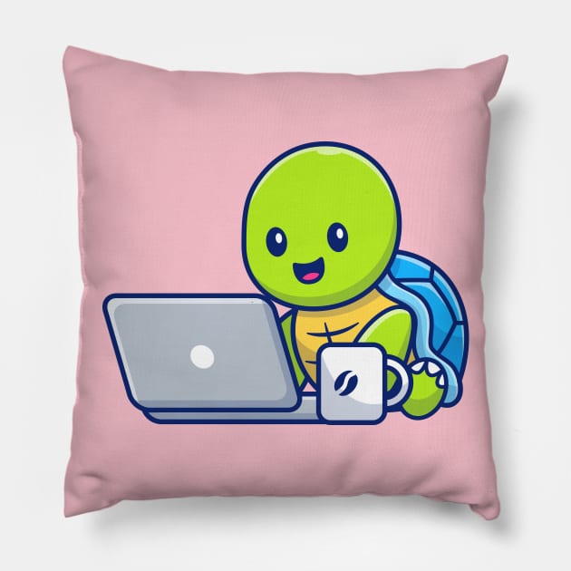 Cute turtle operating laptop cartoon Pillow by Catalyst Labs