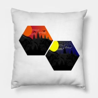 Sunset and starry night in hexagon vector art, aesthetic geometric design Pillow