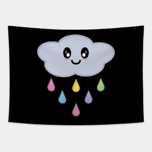 Kawaii Cute Rainbow Raindrop Rain Cloud in Black Tapestry