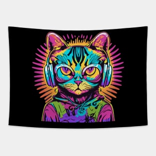 t-shirt design, colorful cat with headphones on, graffiti art psychedelic art, black background, synthwave, colorful Tapestry