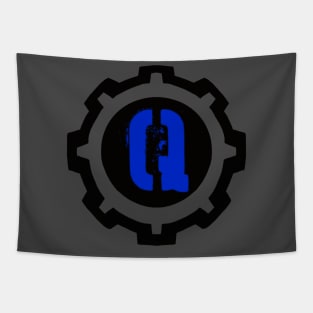 Blue Letter Q in a Black Industrial Cog Tapestry