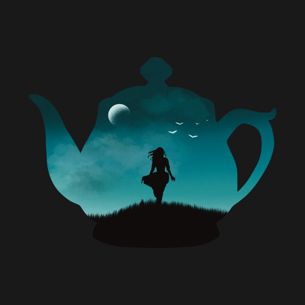 Freedom in a Cup | Tea Kettle Woman Silhouette Under The Moon by SkullFern