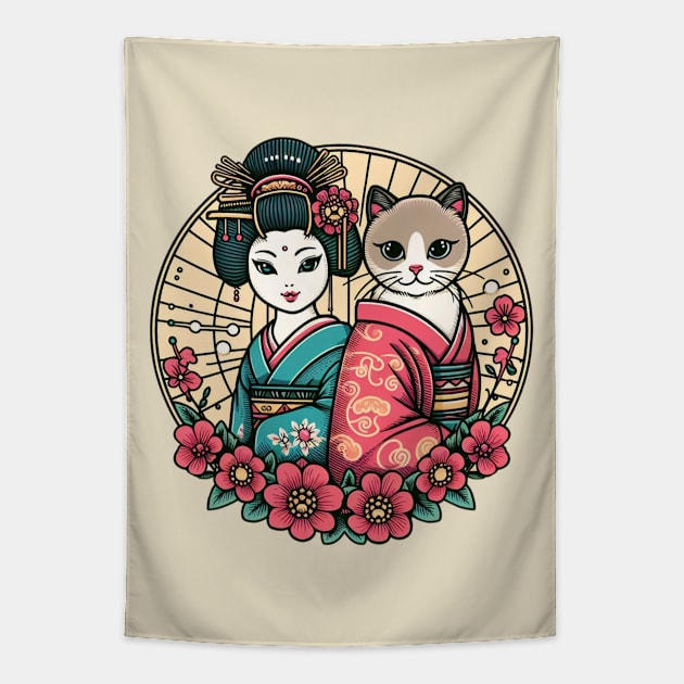 Japanese cat with Geisha Tapestry by Japanese Fever