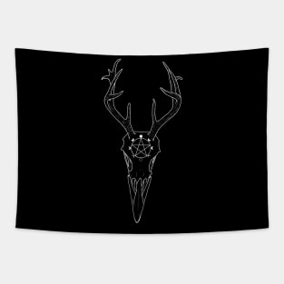 White outline of Raven Skull with Antlers Tapestry