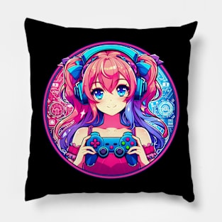 Pink neon bright gamer girl Pillow