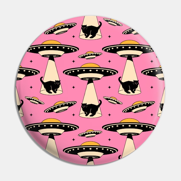 Aliens and Black Cat Pattern in pink Pin by The Charcoal Cat Co.