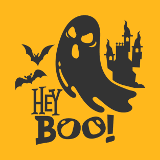 Hey Boo Halloween Ghost Bats and Haunted House T-Shirt