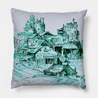 Old-World Town Teal Outline Art Pillow