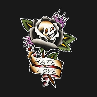 Hate Love Skull Rose Tattoo Design T-Shirt