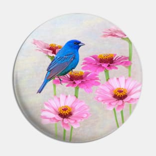 Indigo Bunting and Pink Zinnia Pin