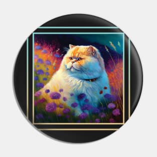 Happy Persian Cat Vibrant Tropical Flower Digital Oil Painting Portrait Pin