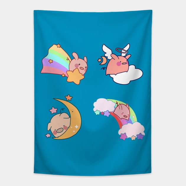 Four Rainbow Moon Pigs Tapestry by saradaboru