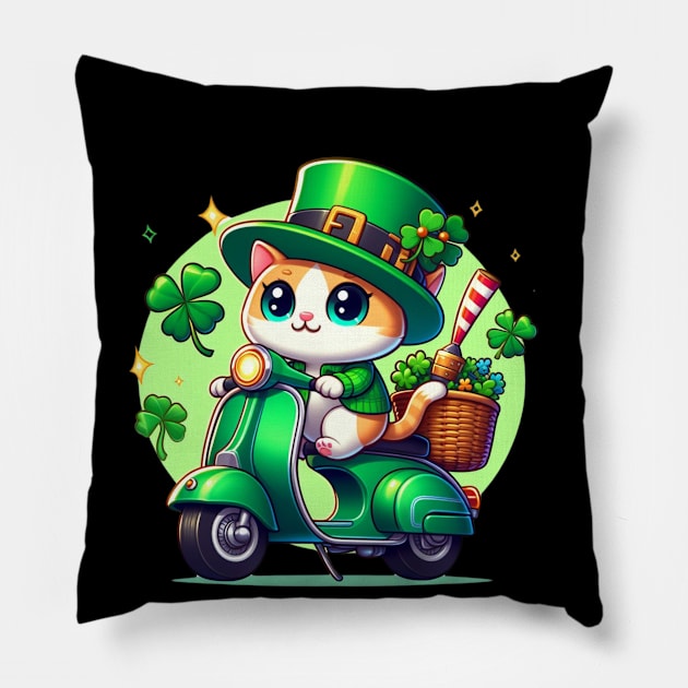 Celebrate St Patricks Day with a cute and colorful Cat on a Motorcycle design Pillow by click2print