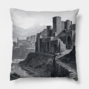 Fortress Mountain Castle Fantasy Story Ink Sketch Style Pillow