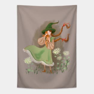 Cottage core witch with fox cubs Tapestry