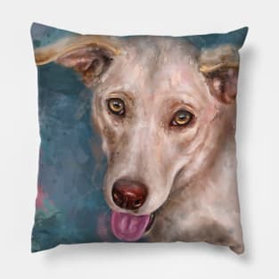 Painting of a Happy Blond Labrador With the Tongue Out on Light Blue Background Pillow