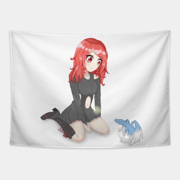 Red Hair Dragon Anime Girl With Baby Dragon Tapestry by Ghosyboid