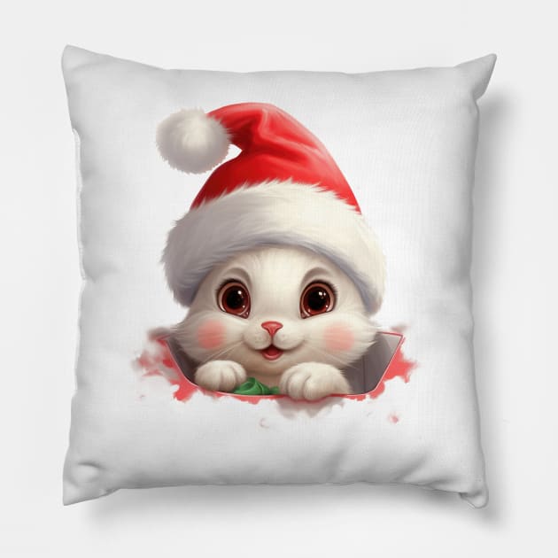 Christmas Peeking Baby Rabbit Pillow by Chromatic Fusion Studio