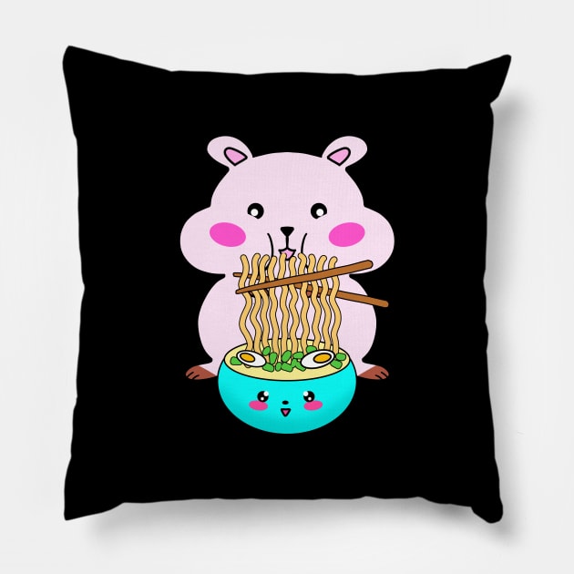 Cute funny happy Kawaii pink baby hamster eating yummy bowl of ramen noodles and chopsticks cartoon. Best comfort food. Gifts for Japanese cuisine lovers Pillow by IvyArtistic