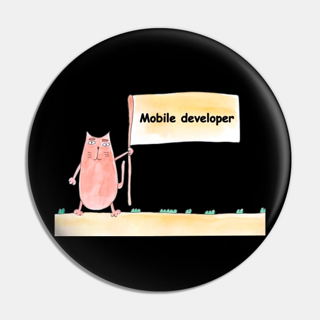 Mobile developer, Profession, work, job. Cat shows a banner with the inscription. Watercolor illustration. A gift for a professional. Pin by grafinya