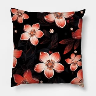 Red and Pink Sakura Flowers on Black Background Pillow