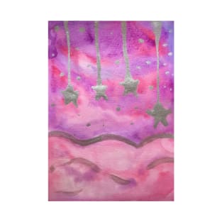 Pink clouds with silver stars watercolor painting T-Shirt