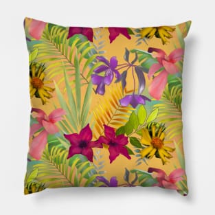 Elegant tropical flowers and leaves pattern purple illustration, yellow tropical pattern over a Pillow