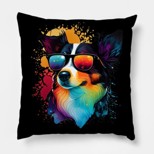 Colourful Cool Border Collie Dog with Sunglasses Pillow